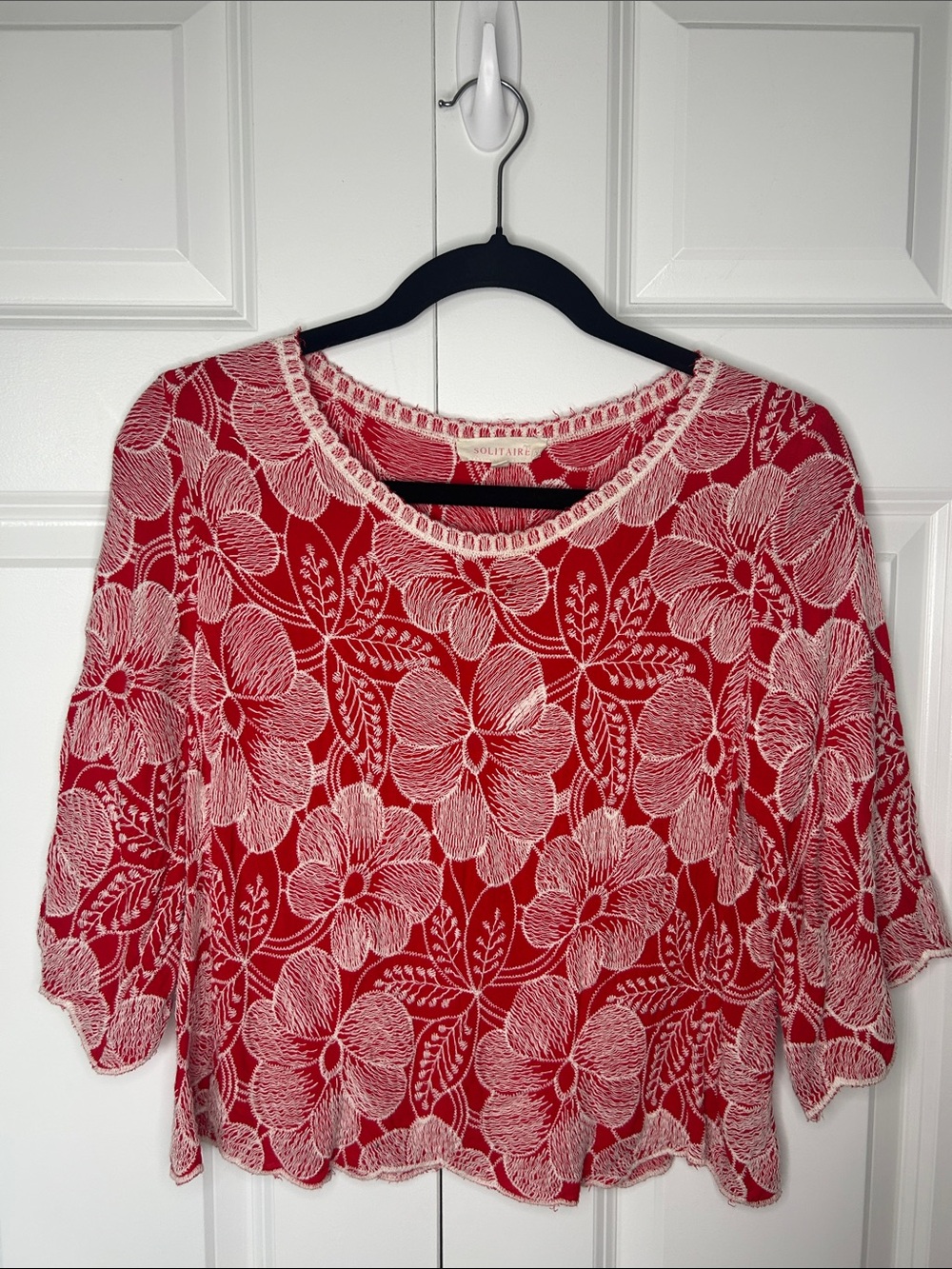 Solitaire Red Floral Lace-Overlay Blouse